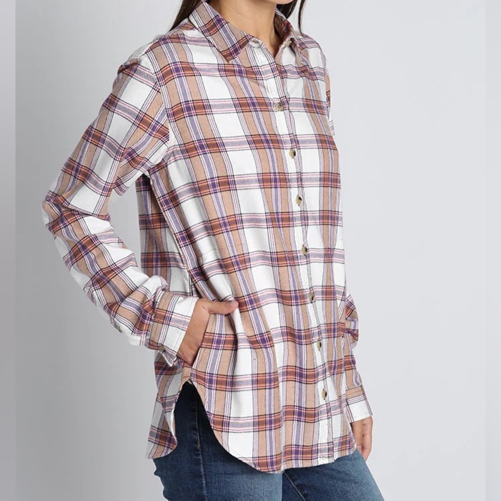 JACHS New York Girlfriend Tan Plaid Flannel Shirt Size Small NWOT